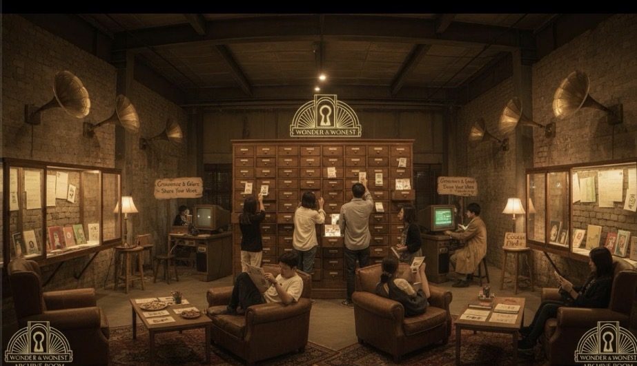 The Wonder & Wonest Archive Room, visitors pinning notes to a wall of drawers under gramophone horns