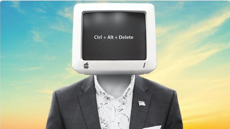 A man in a suit with an old computer for a head, the screen reading Ctrl Alt Delete