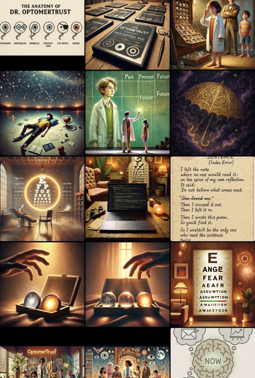 A collage of Dr. Optomertrust illustrations, eye charts and lens boxes