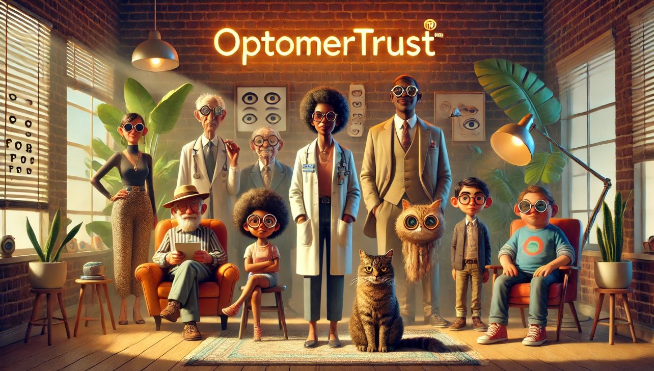 The OptomerTrust waiting room: doctors, patients, a cat and an owl, all in round glasses
