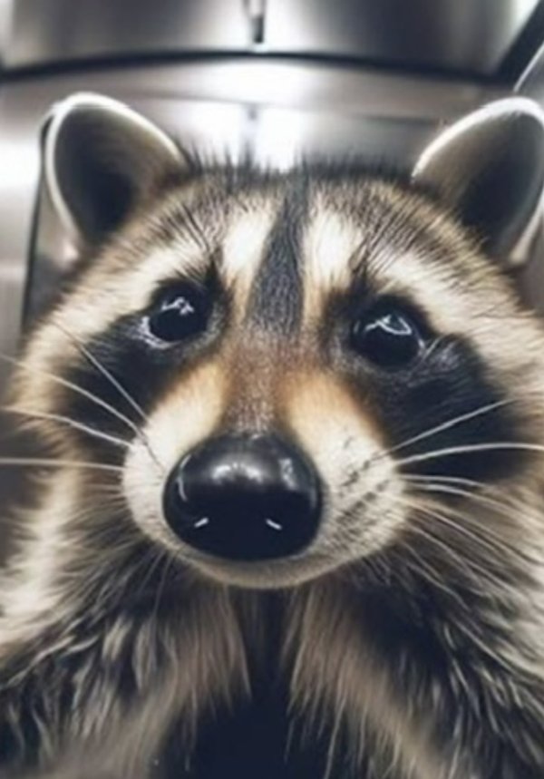 Rancho the raccoon, close up, staring straight into the lens